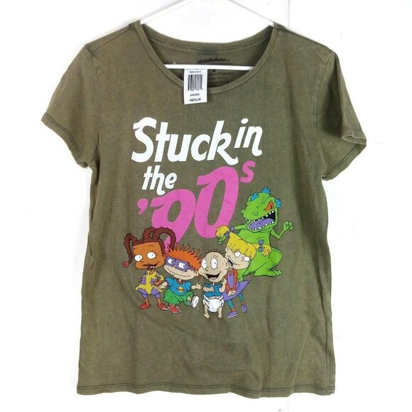 Nickelodeon Rugrats Cartoon T Shirt Juniors Sz M Army Green Stuck in the 90s - Picture 1 of 4